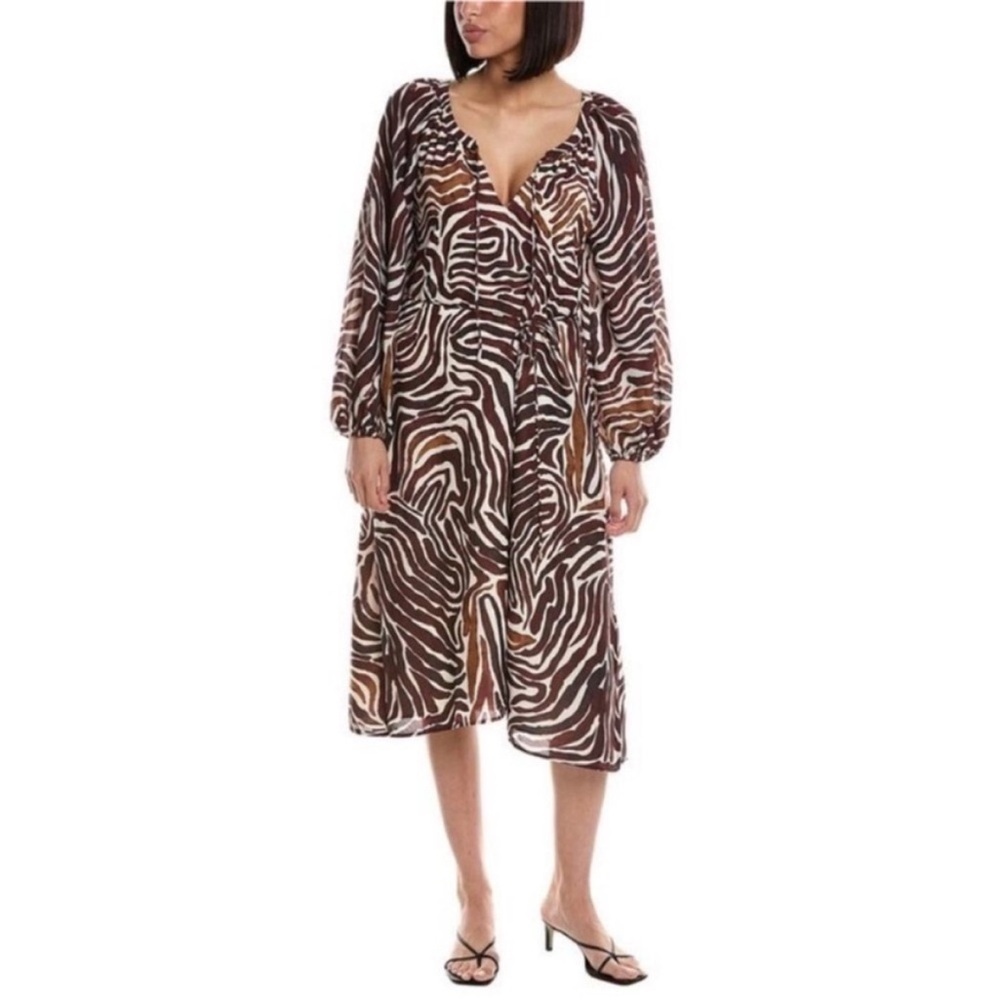 Tommy Bahama Midi Dress Zebra Animal Print A Line Belted Brown White Size Small